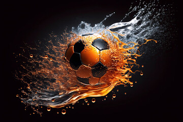 flying orange soccer ball in splashing water. Generative AI