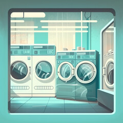 Row of industrial washing machines in a public laundromat