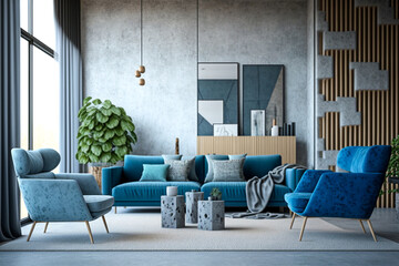 Interior design of modern apartment, gray sofa in living room, blue armchairs, concrete wall, loft stylish home design. . Idea for interior design. AI