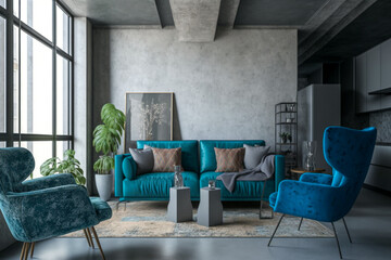 Interior design of modern apartment, gray sofa in living room, blue armchairs, concrete wall, loft stylish home design. . Idea for interior design. AI