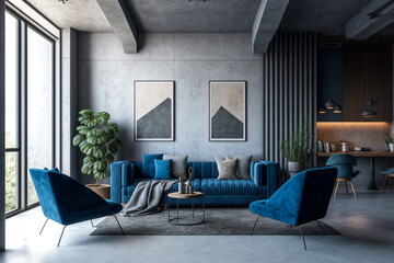 Interior design of modern apartment, gray sofa in living room, blue armchairs, concrete wall, loft stylish home design. . Idea for interior design. AI