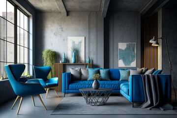 Interior design of modern apartment, gray sofa in living room, blue armchairs, concrete wall, loft stylish home design. . Idea for interior design. AI