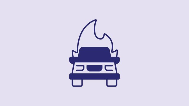 Blue Burning car icon isolated on purple background. Insurance concept. Car on fire. Broken auto covered with fire and smoke. 4K Video motion graphic animation
