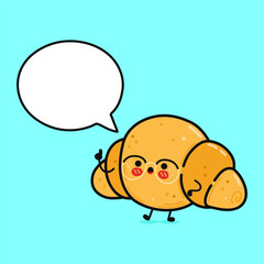 Cute funny Croissant with speech bubble. Vector hand drawn cartoon kawaii character illustration icon. Isolated on blue background. Croissant character concept