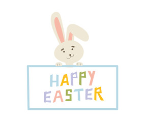 Bunny holding Happy Easter sign vector illustration