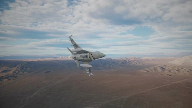 F-16 Falcon fighter jet flying over a desert landscape armed with bombs