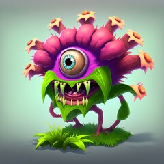 Fototapeta premium In game single monster design flower shape cartoon style by Generative AI