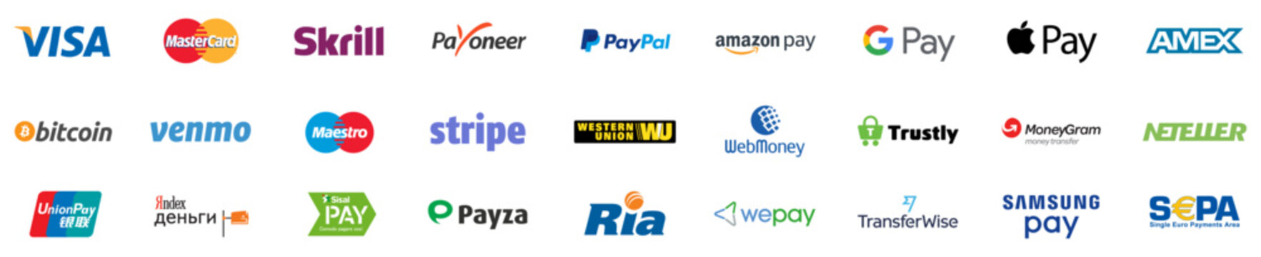 Kiev, Ukraine - February 12, 2023: Online payment methods systems icons set, card company logo: Visa, Mastercard, Paypal, Bitcoin, Amazon Pay, Apple Pay... E-commerce payments. Editorial vector