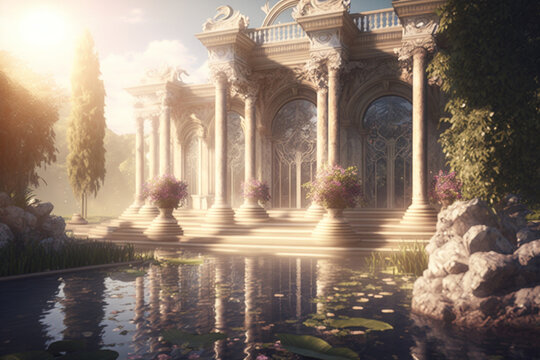 realistic image heavenly palace of God with garden in the background and a bright sun and crystalline waters and many animals and happy people realistic, Generative AI