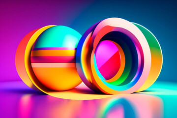 spheres and 3d torus of pastel colors with a dark blue background and reflections on  floor , AI generated illustration