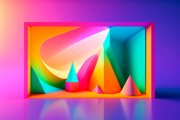 rectangular abstract box with figures of pastel colors on a colorful background, 3d figures  , AI generated illustration
