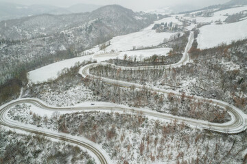 Aerial view of curvy road on Marche region in Italy