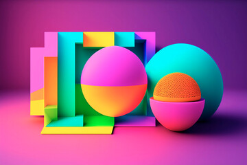 square platform with spheres of different colors, abstract background in pastel colors  , AI generated illustration