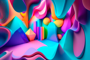 abstract room with geometric figures and spheres of pastel colors, multicolored 3d spheres  , AI generated illustration
