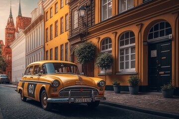 Fototapeta na wymiar Vintage taxi car on the street of a European city
