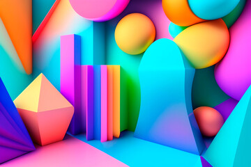 abstract room with geometric figures and spheres of pastel colors, multicolored  spheres , AI generated illustration