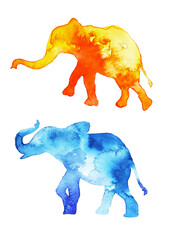 Two watercolor elephants in bright colors. Decorative art. - 570650769