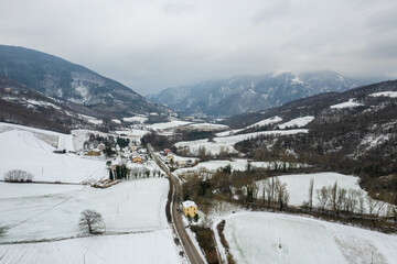 Fototapeta na wymiar Aerial view of mountains in Marche region in Italy 