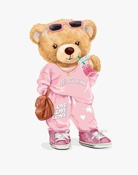 cute bear doll in pink fashion sweat suit vector illustration