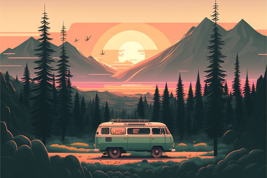Camping Urlaub, camping in the woods, campsite with trailer and campfire, landscape in retro style, Generative AI