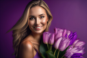 Obraz na płótnie Canvas A good-looking woman holding a bouquet of tulips, smiling and excited. Ideal for Mother's Day, posters, flyers, skincare brand. generative ai