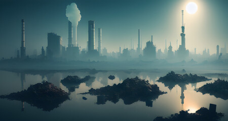 Fototapeta na wymiar AI Digital Illustration Post Apocalyptic Heavy Polluted Landscape