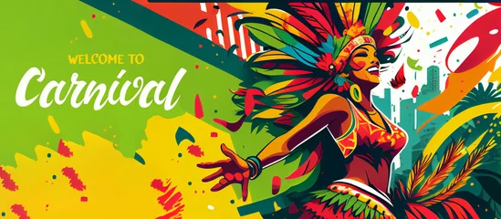 Handdoek met foto Carnaval Brazil Carnival Latin Woman Wear Bright Costume Traditional Rio Party Flat Bright Illustration with Place for Text. Banner, Flyer or Poster Template. Generative Ai.  © ckybe
