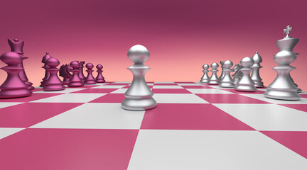 Pink chess game on chess board colorful render