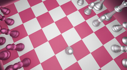 Pink chess game on chess board colorful render