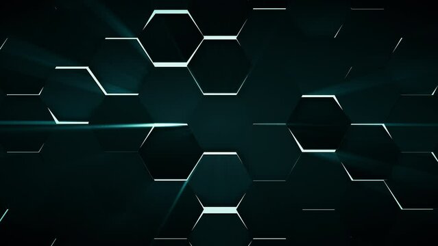 3D futuristic animated background with turbulent rotating hexagon tiles and backdrop light, abstract live wallpaper
