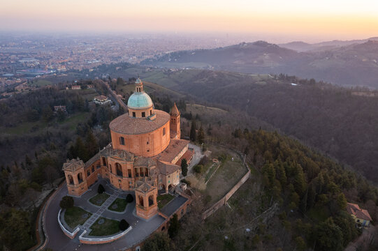 Aerial view of sanctuary of Madonna di San Luca in Bologna 