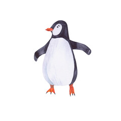 Penguin watercolor illustration isolated on white background. Northern sea element. Hand and drawn clipart for stickers, baby shower, cards, clothes, fabrics.