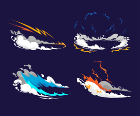 Comics boom set, game bomb explosion effects, smoke and fume clouds. Fire blast elements. Cartoon art vector illustration.  - obrazy, fototapety, plakaty