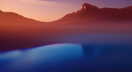 Red mountains over a blue lake, colorful 4k sunset.