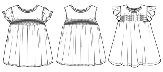 Girls Smocked Dresses Set Fashion Illustration, Vector, CAD, Technical Drawing, Flat Drawing, Template, Mockup.