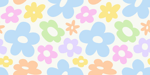 Trendy floral seamless pattern illustration. Vintage 70s style hippie flower background design. Colorful pastel color groovy artwork, y2k nature backdrop with daisy flowers.