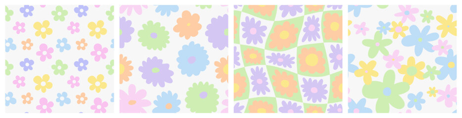 Trendy floral seamless pattern illustration set. Vintage style hippie flower background design collection. Colorful pastel color groovy artwork, y2k nature backdrop with daisy flowers.