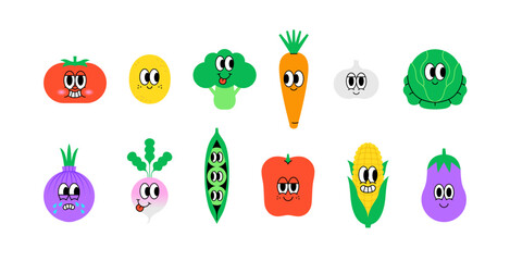 Obraz premium Set of trendy happy vegetable sticker in vintage cartoon style. Retro cooking ingredient, vegetarian character label illustration collection on isolated background. Funny colorful food mascot bundle.