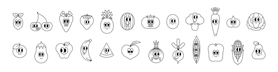 Set of trendy happy food sticker in vintage cartoon style. Retro cooking ingredient, vegetarian character label illustration collection on isolated background. Funny vegetable and fruit mascot bundle.
