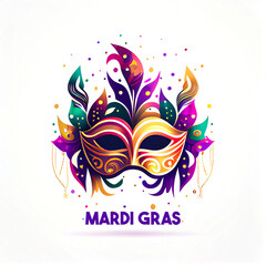 Obraz premium Mardi gras. Mask with feathers, festival bright colours. Icon, clipart for website, holiday, travel, festival application. Mardi gras party invitation. Flat illustration, cartoon style. Generative Ai.