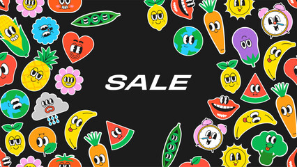 Naklejka premium Web sale background template for trendy business discount. Retro cartoon character banner for store discount, online promotion or social media post. Vintage sticker graphic element landing page.