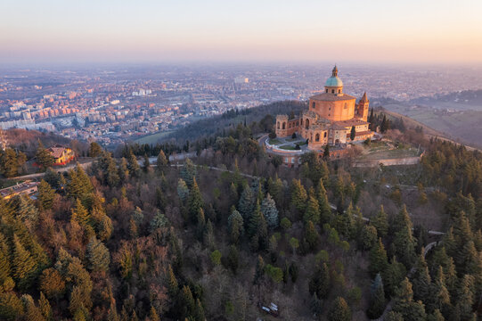 Aerial view of sanctuary of Madonna di San Luca in Bologna 