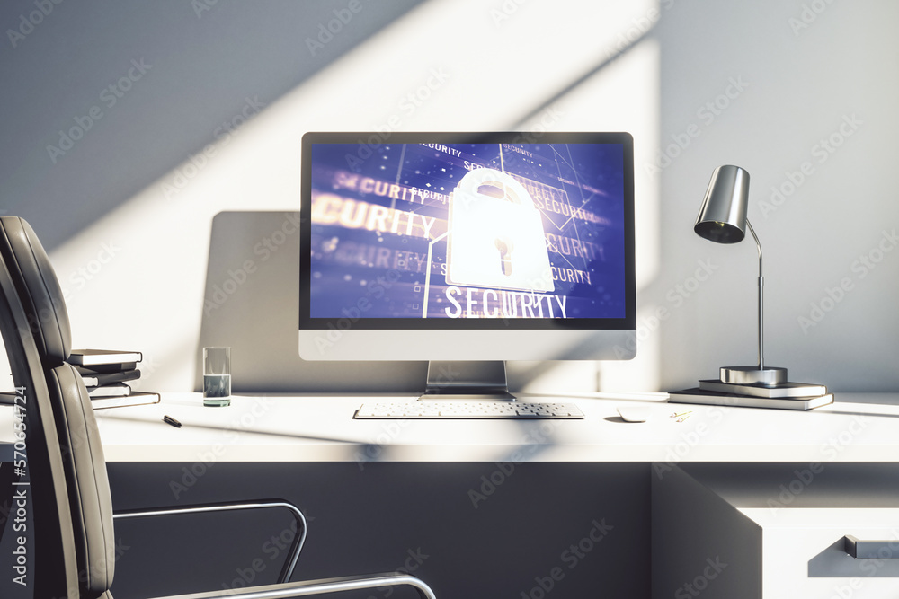 Poster Computer monitor with creative light lock illustration and microcircuit, cyber security concept. 3D Rendering