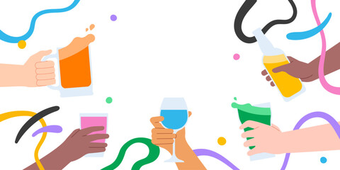 Friends party event illustration of friend group drinking alcohol or juice drink together. Diverse people hands holding glass for friendship celebration concept.