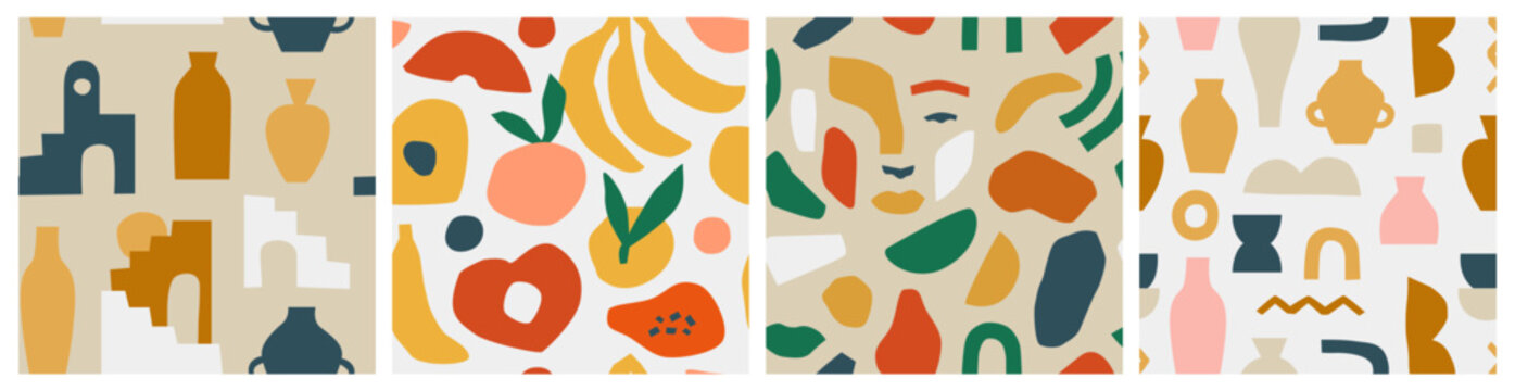 Abstract Seamless Pattern Bundle With Natural Shapes, Random Freehand Matisse Wallpaper Collection. Trendy Fashion Background Includes Modern Minimalist Art, Tropical Fruit And Exotic Summer Doodles. 