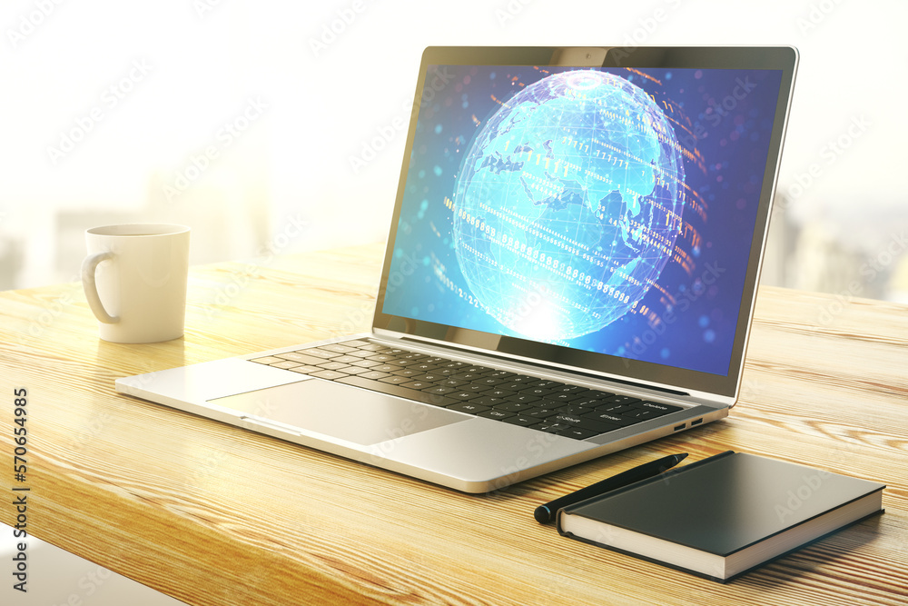 Poster computer monitor with abstract creative programming illustration and world map, big data and blockch
