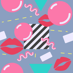 90, 90`s, abstract, art, background, bubble, bubble gum, colorful, concept, creative, decoration, decorative, design, fashion, graphic, gum, illustration, jeans, kiss, lips, object, seamless pattern