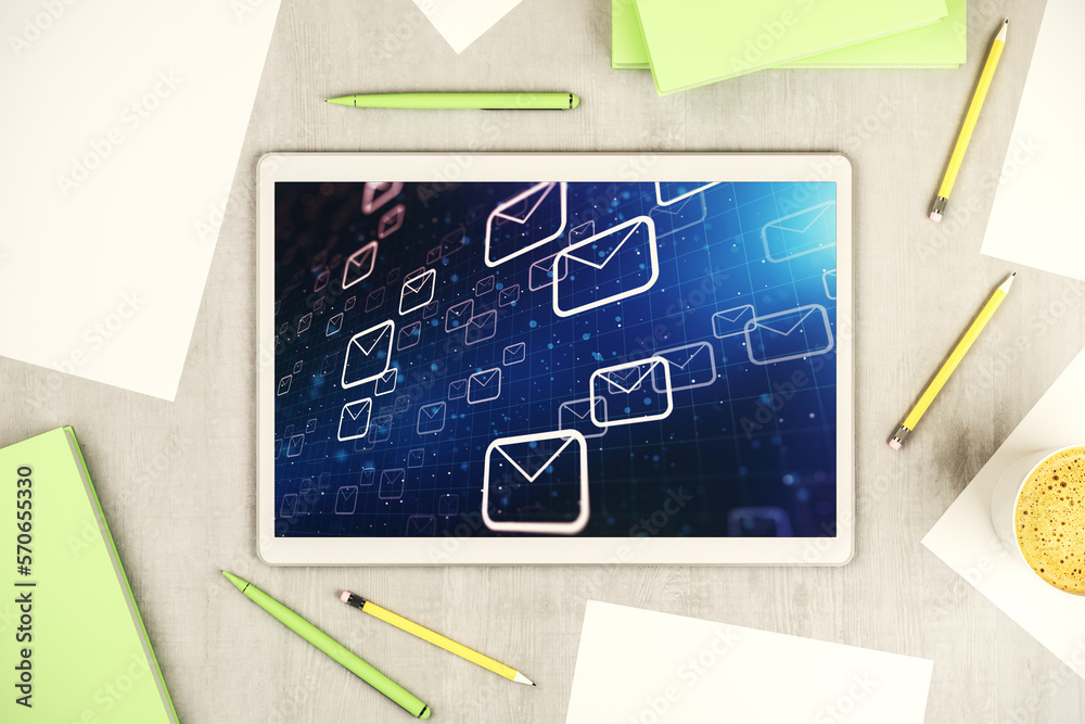 Poster top view of modern digital tablet monitor with postal envelopes hologram. electronic mail and spam c