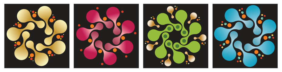 Abstract metaballs swirl design in yellow red green blue blue pattern on black background. Vector illustration.