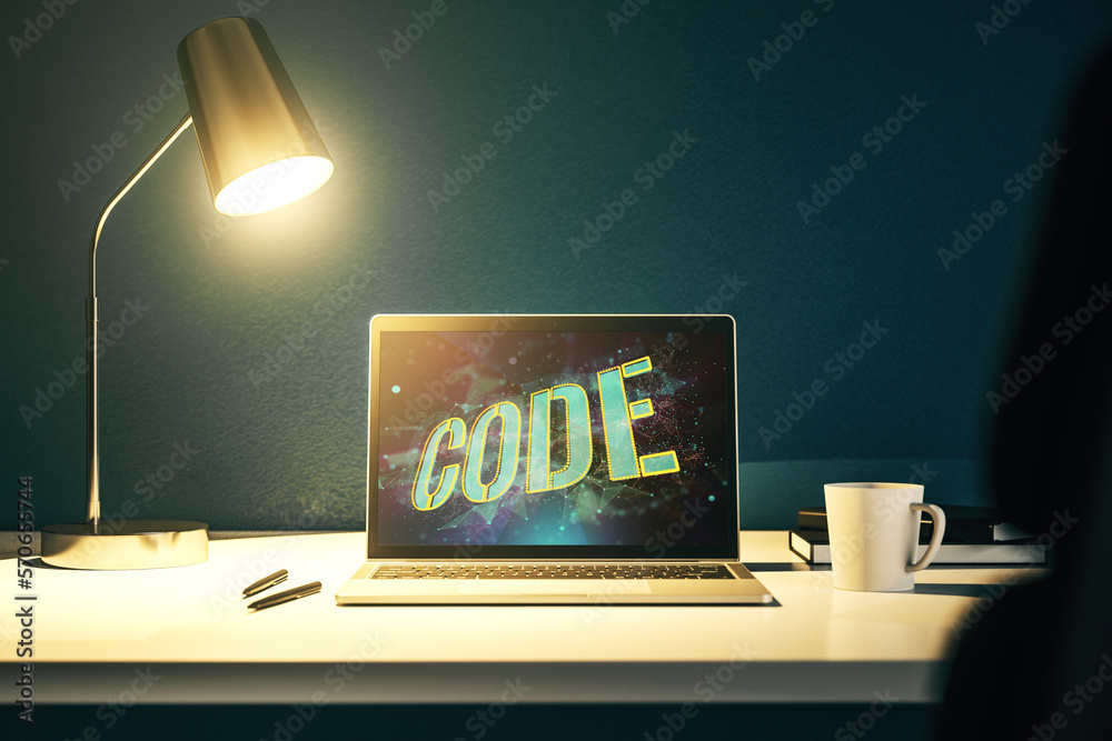 Poster creative code word hologram on modern computer monitor, artificial intelligence and neural networks 